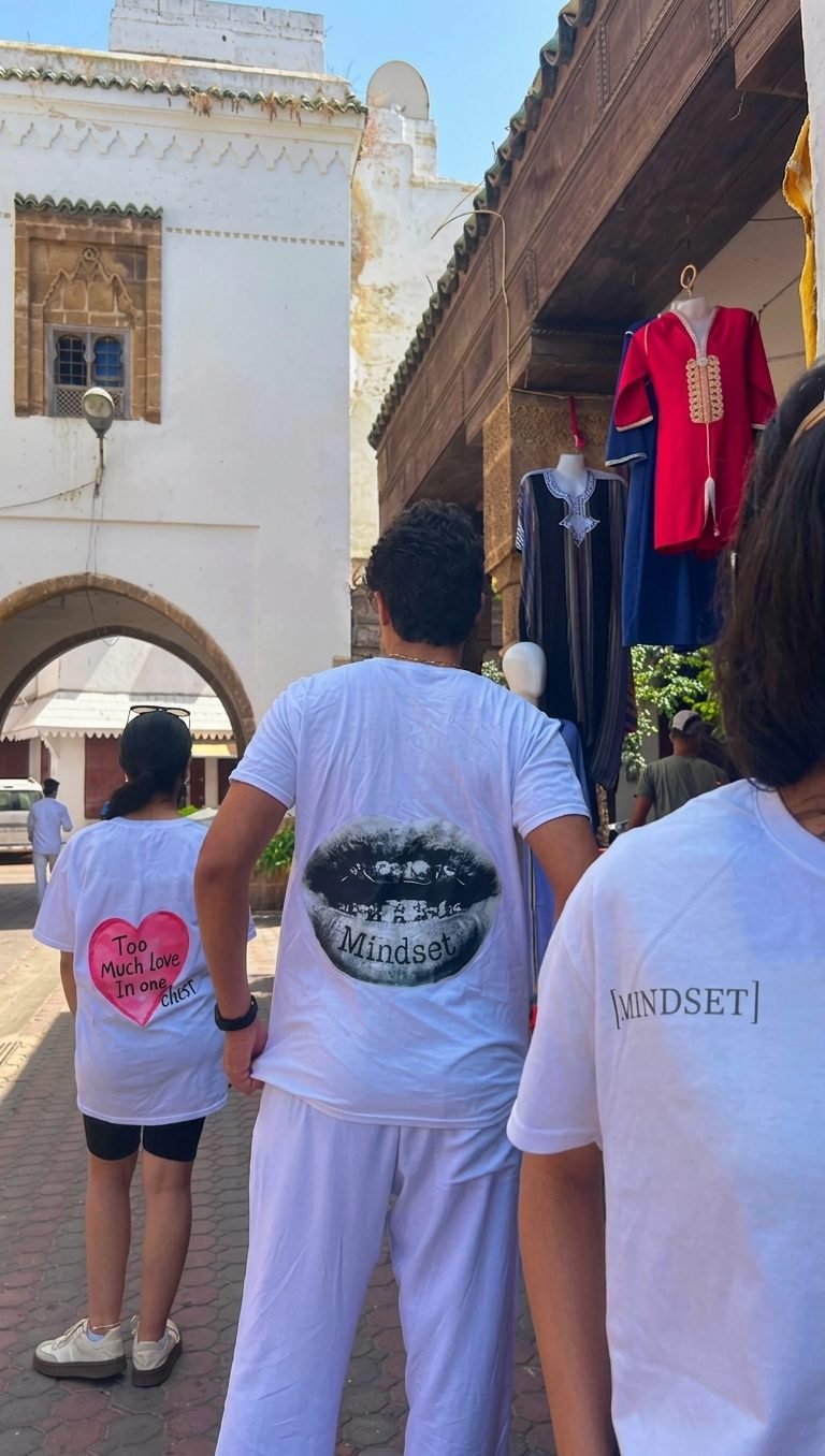 Trois personnes de dos portant la collection MINDSET dans une rue blanche de la médina.
